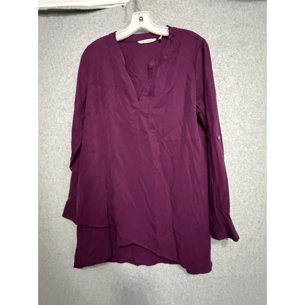 Soft Surroundings Blouse Womens M Purple V Neck Roll Tab Long Sleeve Tunic Top